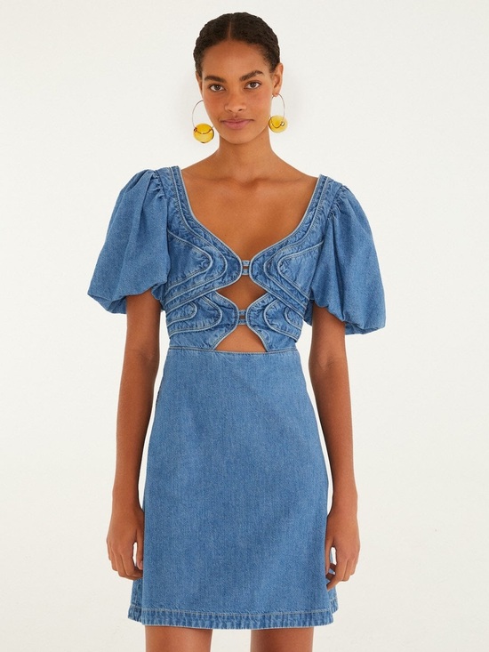 FARM Rio Dresses & Skirts - FARM Rio Blue Denim Puff-Sleeve Wavy Cutout Mini Dress